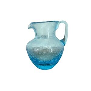 Vintage Blue Crackle Glass Pitcher Creamer Mini Jug Textured‎ Art